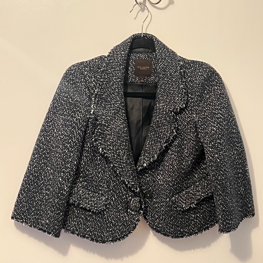 The Limited Tweed Blazer Size M Cropped Fringe Flap Pockets 1 Snap Blue & Black